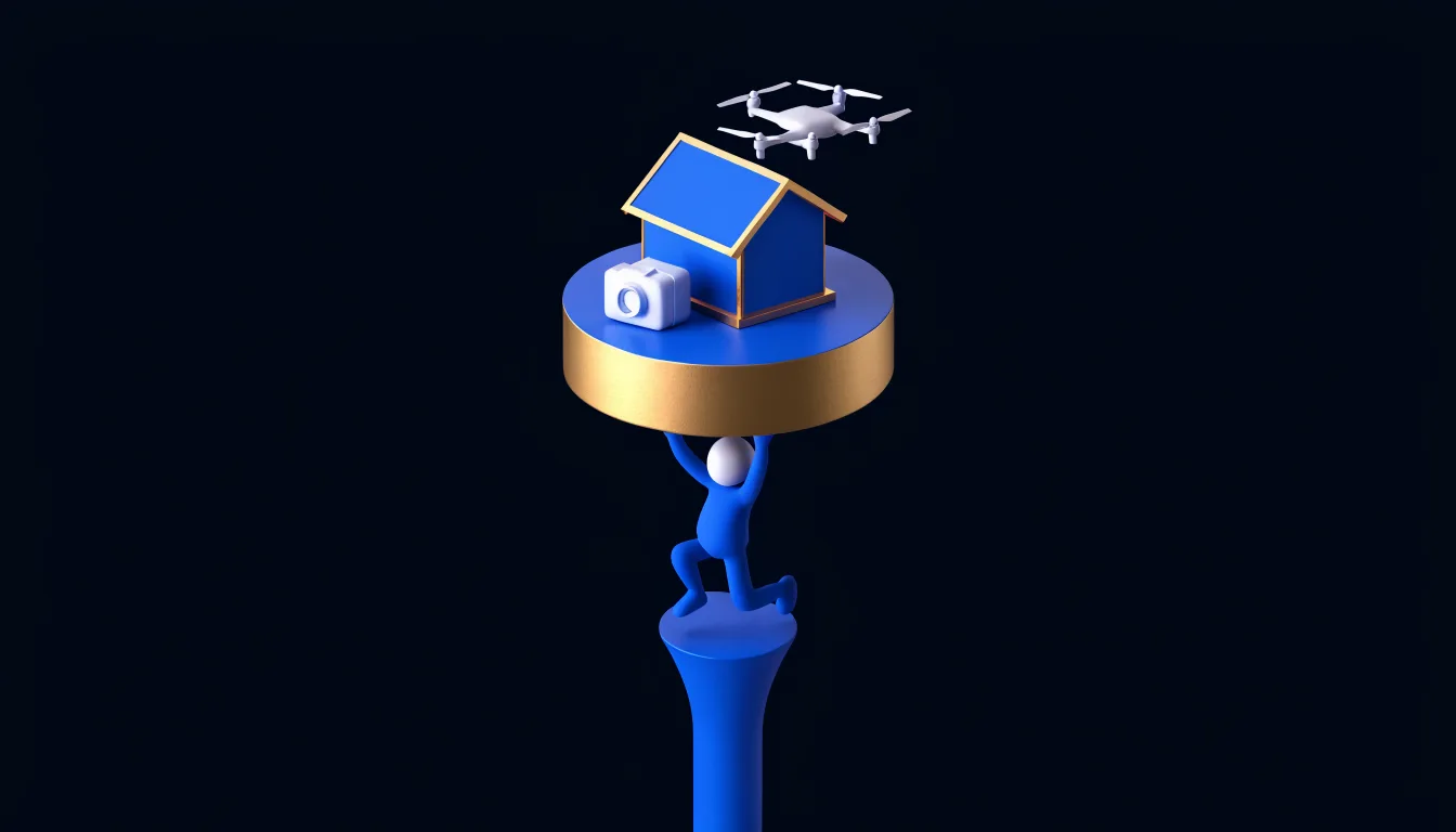 A drone hovering over a small house on a pedestal