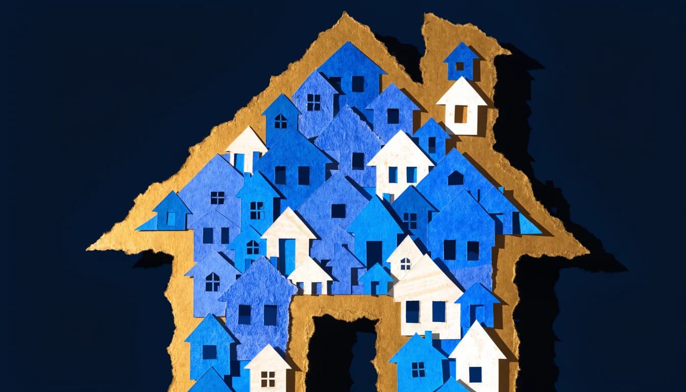 A house shape made of many smaller cut-paper houses